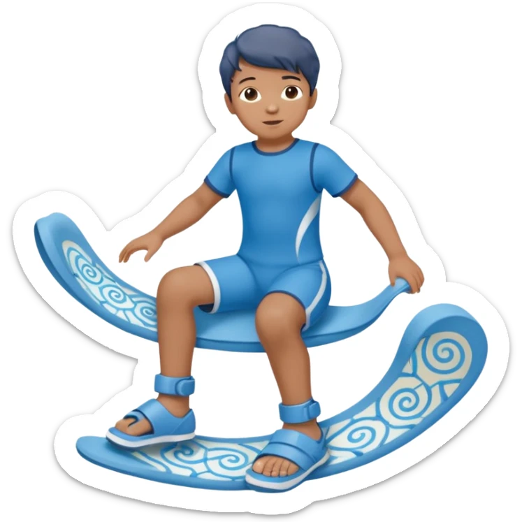 A little male child with a blue/beige outfit and  curled brown hair and shoes which are orthopedic ankle-foot orthosises (AFO) for a small child. The brace goes just below the knee and its with a bright blue water-like pattern with a spiral side design. sticker