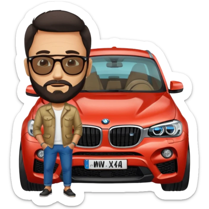 Mediterranean looking guy (beard and dark hair) on his 40's standing by his BMW X4M competition wearing rayban glasses  sticker