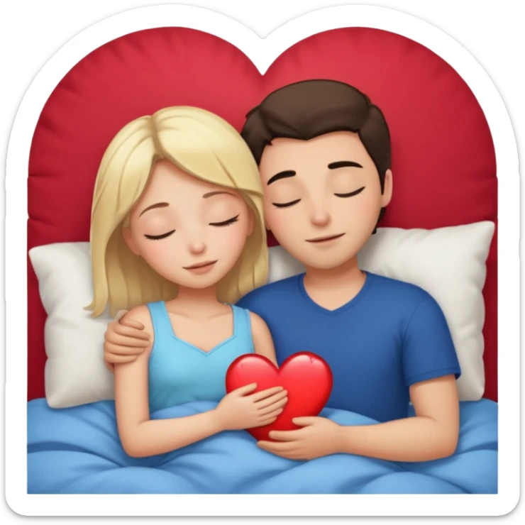 cuddling in bed, asleep. blonde girl. brunette man. eyes closed. heart between them. sticker