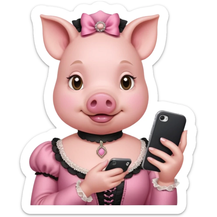 girl pig in victorian pink finery scrolling on a cell phone sticker