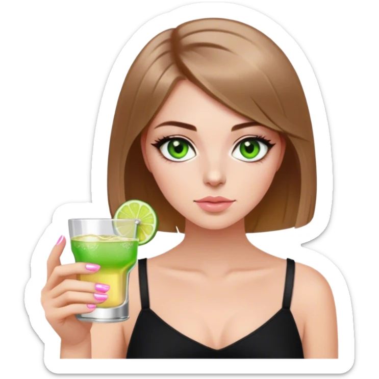 green eyes light brown hair white girl with short bob no bangs with a shot of tequila wearing black light pink nails sticker