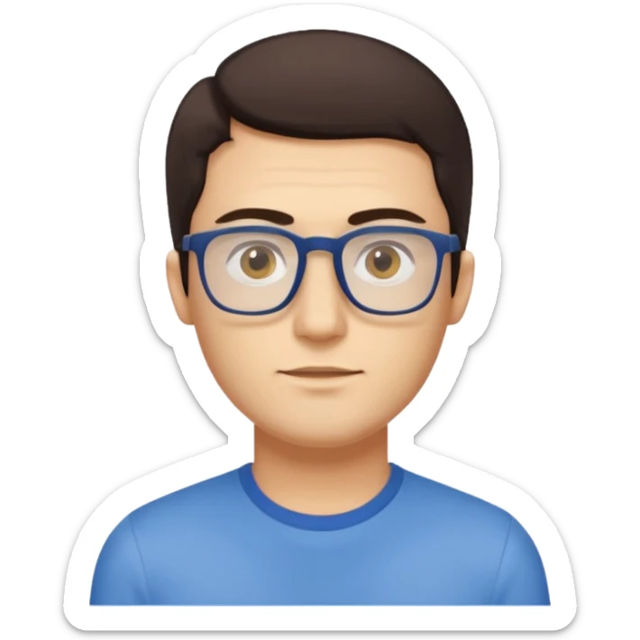 a young man around 30 years old, dark brown eyes, with dark brown hair, longer rectangular face, light yellow skin color, small eyes with rectangle shape glasses, without beard, no forehead wrinkles, wear shirt sticker