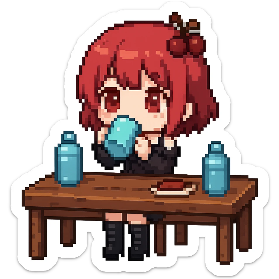 Make the character more chibi with red cherry hair instead of red curly hair, keep the goth style, and depict her drinking water. The style should be pixel art with no background. sticker