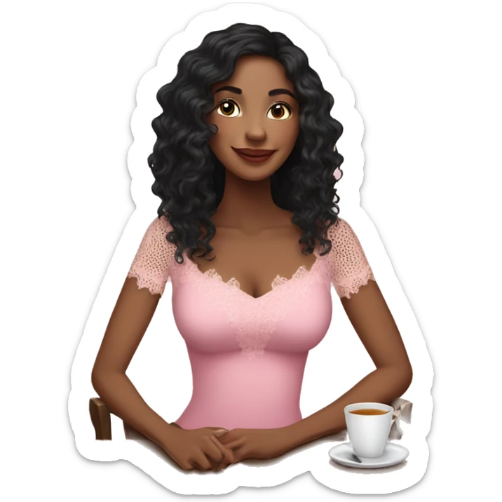 pretty light brown woman with long black curly mid length hair drinking tea wearing pink lace top sticker
