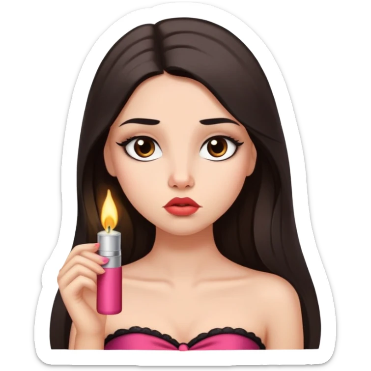girl with lighter skin, dark brown long straight hair, pouty shiny lips without cupid's bow, large eyes, lighter button nose, long oval-shaped face, wearing a bandeau top sticker