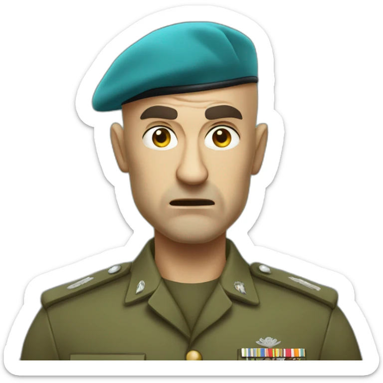 cyan beret bald angry 50 years old man no hair furious very angry frown with khaki idf uniform sticker