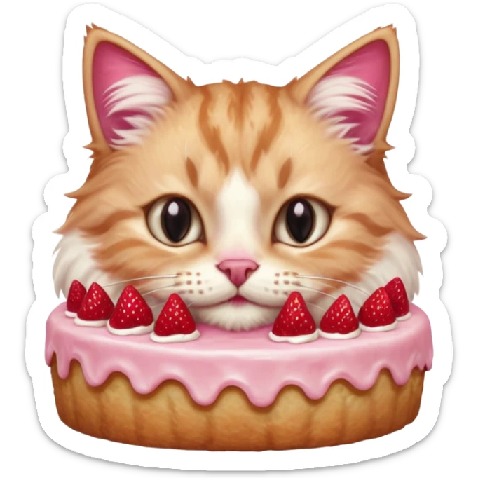 Close-up portrait of a fluffy cat eating a strawberry cake, pink cream on its nose and whiskers, detailed fur texture, soft natural light, shallow depth of field, high resolution, cute and candid moment
 sticker
