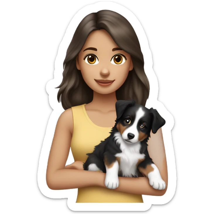 Brunette long hair light tan girl with black and white Australian shepherd puppy sticker