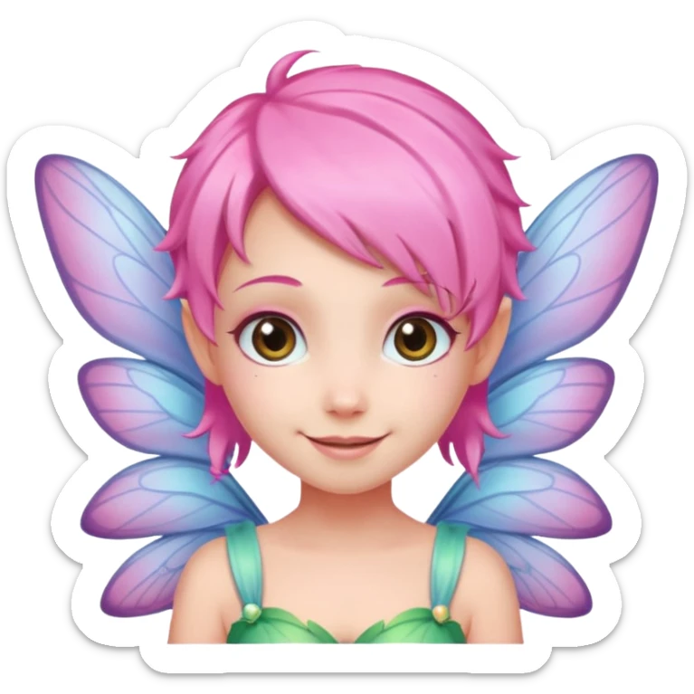 A tiny pastel fairy with pink  hair with glowing wings and a sweet smile  sticker
