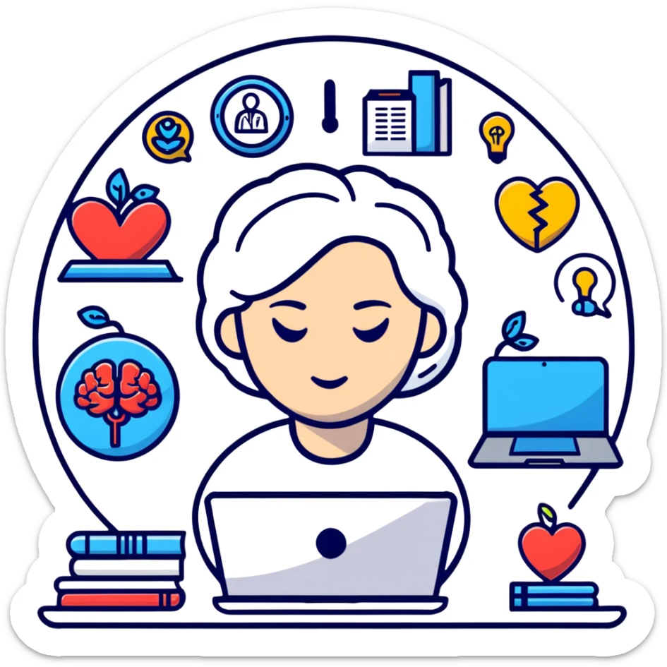cartoon female psychologist looking tired but determined, laptop and notebook in front, surrounded by psychology icons brain heart mirror, modern and expressive sticker