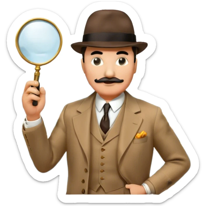 A cinematic-style frame showing Hercule Poirot in his iconic suit with a magnifying glass in a dramatic detective pose. Background should be mysterious city, a board with photos of suspects, clues like fingerprints. Transparent background. sticker