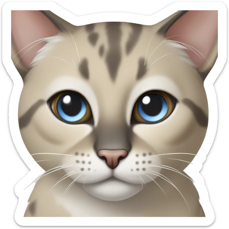 Thai breed adult cat with a light cream-brown body, dark gray nose and face, ears, and paws. sharp ears, and striking light blue eyes  sticker