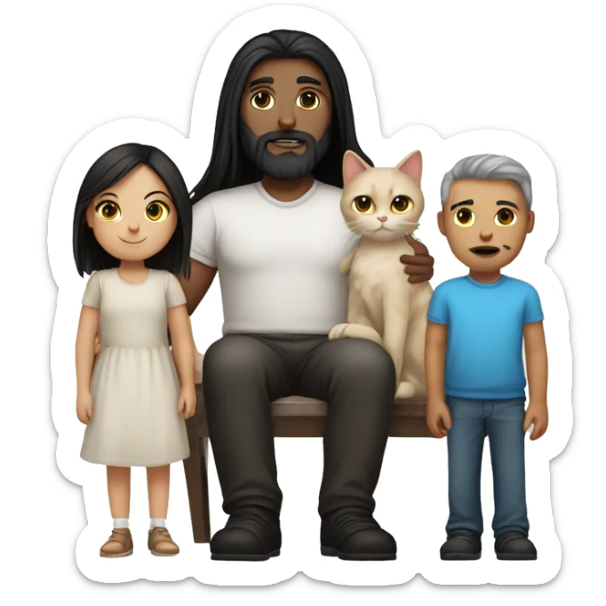 Black long hair mum and bald white bearded dad, one long brown hair girl, one black and white cat  sticker