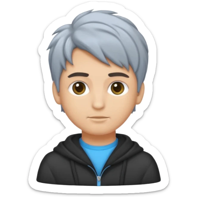 Crea un emoji a mezzo busto come ti ho già chiesto però di un ragazzo sulla 20ina ma che sembri più giovane, vestito con una felpa grigia. Occhi azzurri, capelli neri con il ciuffo davanti un po bagnato. sticker