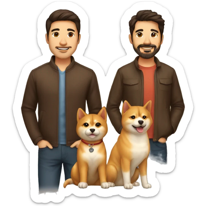 2 men with 1 dog a 2 cats: 1 man spanish brown and 1 man colombian, 2 persian cats and 1 shiba inu dog sticker