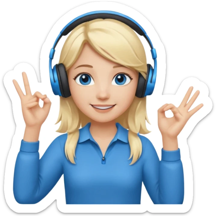 girl with blonde hair and blue eys with heands telling what, having heaphones on head sticker