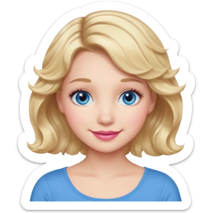 Girl Blonde short wavy hair,  blue eyes, cute blue top, long lashes, pink lips, 👄 smiling  sticker