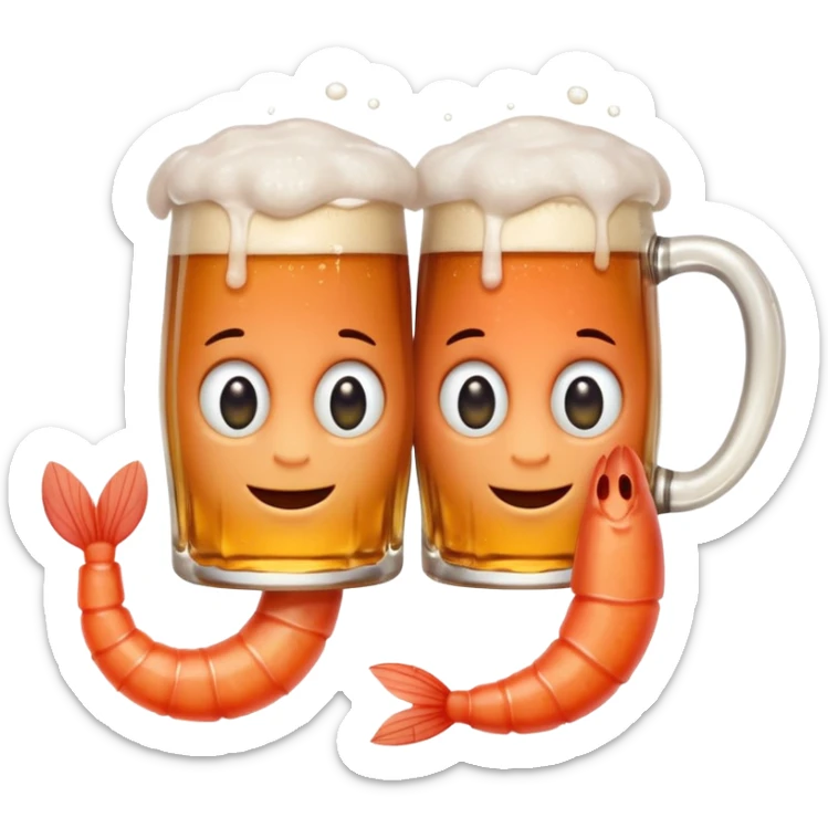 Design a trendy emoji-style illustration of two shrimp peeking from behind text, only half of their bodies visible, curious and playful expressions.
One shrimp holding a beer mug, the other pointing forward.
 sticker