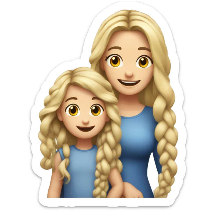 An emoji of a blonde mother with long hair, standing next to her 3-year-old daughter with black braided hair, both smiling sticker