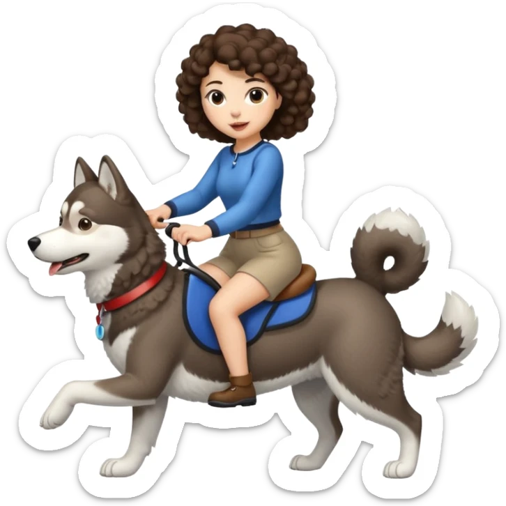 cute woman short tight curly brown hair riding big husky dog sticker