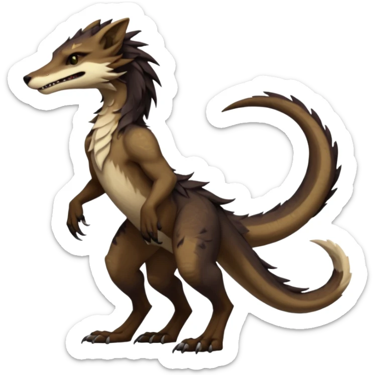 Brown and beige badass elegant wild beautiful natural cute badass epic exotic anthro modern furry 2-legged sergal-vernid-creature, full body, dark-brown-black-gradient pretty hair, with a long tufted tail, aesthetic, art by LiLaiRa, art by art by Falvie sticker