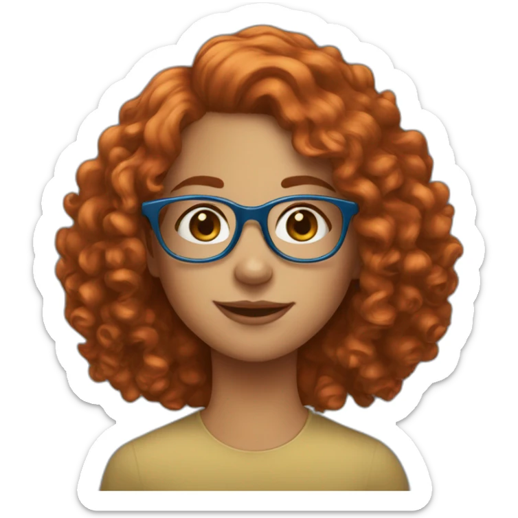 pretty girl with curly copper hair and blue glasses holding a banner sticker