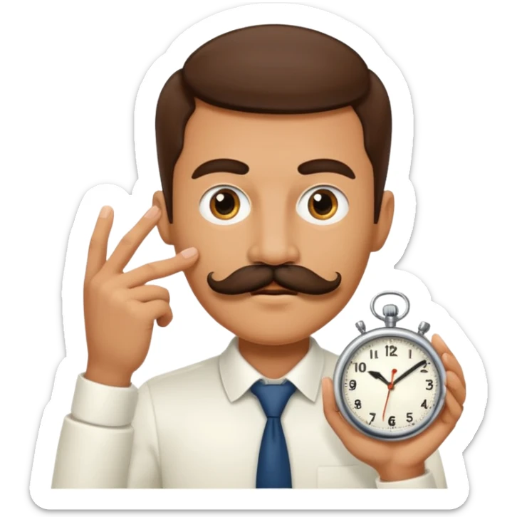 a watch person, a wrist watch with a face (eyes and mouth) in it and the clock hand are positioned to look like a moustache sticker