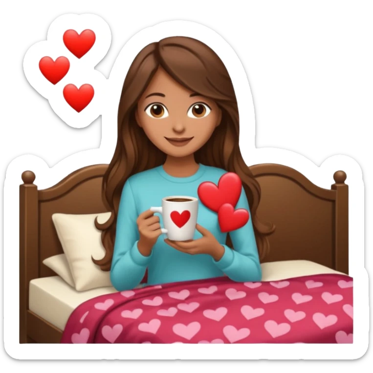 Un emoji de una chica con el pelo castaño y largo y suelto así como vestida como una that Girl y un café con dibujo de corazón y una cama aesthetic modo vida perfecta sticker