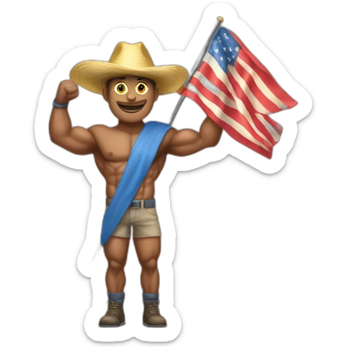 Create a full-body emoji of a muscular man, wearing a New Year's hat and holding a flag. sticker