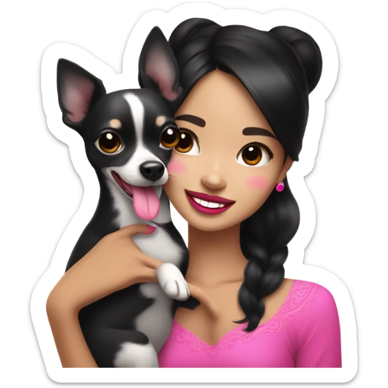 Thick medium black hair with hot pink lips and pink cheek smiling Filipino lady hugging black and white Chihuahua  sticker