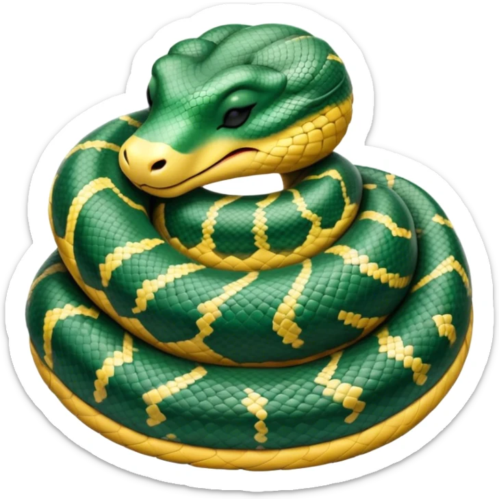 Meme-Worthy cute Sleeping Anaconda Portrait Emoji, Body coiled in a relaxed, peaceful slumber with a contented expression and softly closed eyes, showcasing intricately patterned scales and a serene demeanor, Simplified yet hilariously adorable features, highly detailed, glowing with a soft, drowsy jungle light, high shine, relaxed and utterly lovable, stylized with an air of playful laziness, bright and heartwarming, soft glowing outline, capturing the essence of a sleeping serpent that feels destined to become the next viral sensation of adorable rest! sticker