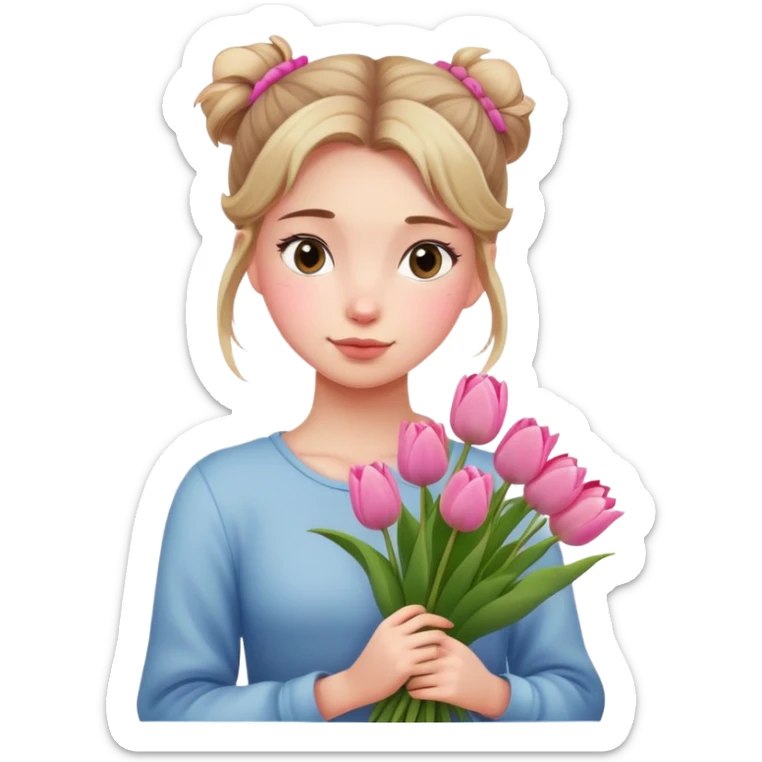 A girl with a messy bun, holding a bunch of pink tulips. sticker