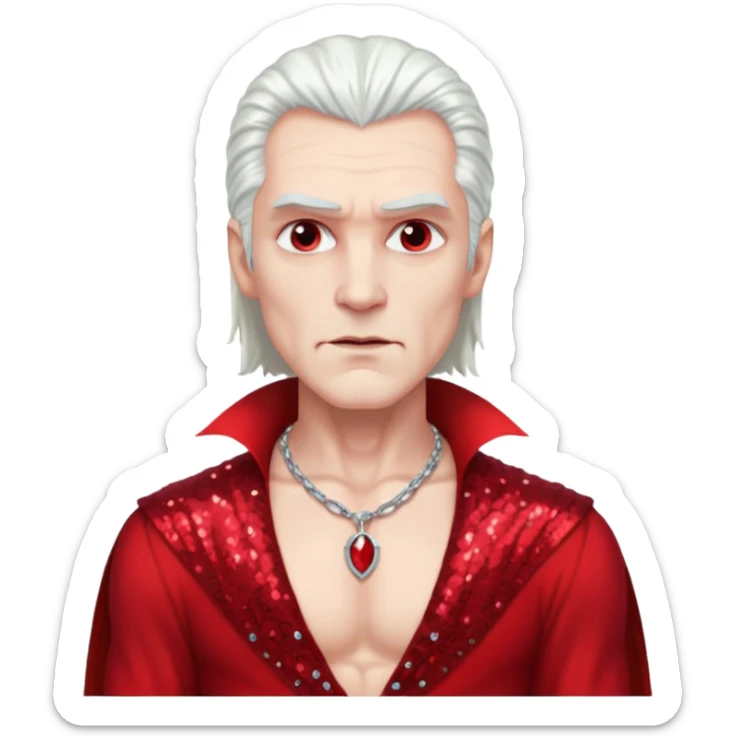 Count Dracula with long white hair, red sequin baggy pants, shirtless with necklace sticker