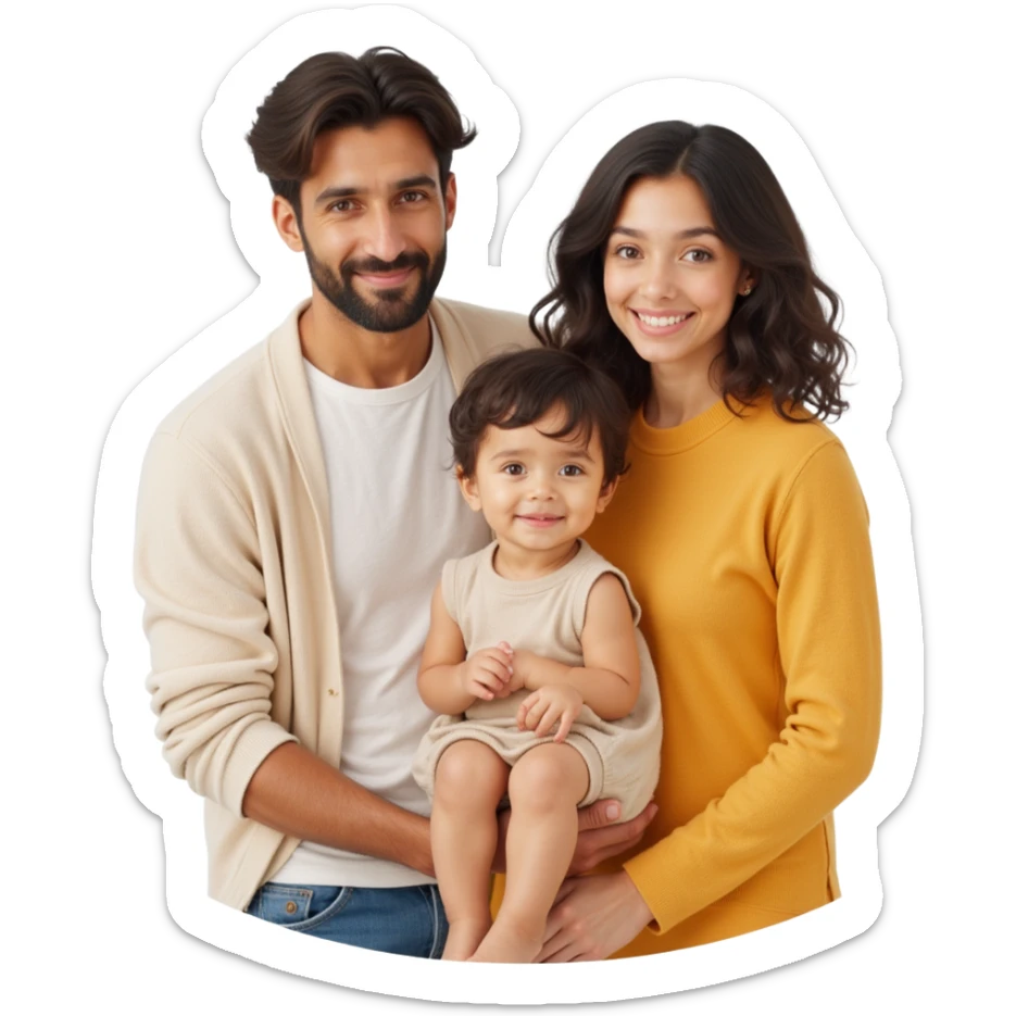 closeup shot of a family of three (parent and two kids) with lifelike skin, hair, and clothing details in skeuomorphism style sticker