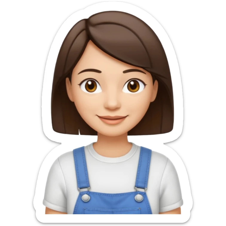 create an emoji of an adult woman with a couple wrinkles but with short straight brown hair, light skin, dark brown eyes and white top with an overall sticker