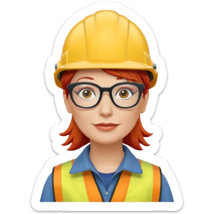 a middle-aged woman with red hair and glasses, wearing a yellow helmet sticker