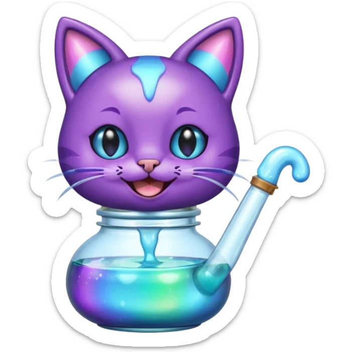 Smiling bottle of oil light purple top and light blue sticking tongue out and with cat ears sticker