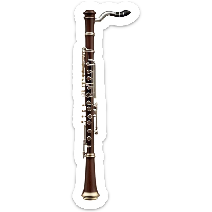 Cinematic Realistic Oboe, slender and elegant dark wood body, silver-plated keys catching soft highlights, delicate reed resting at the top, glowing with refined and classical beauty. sticker