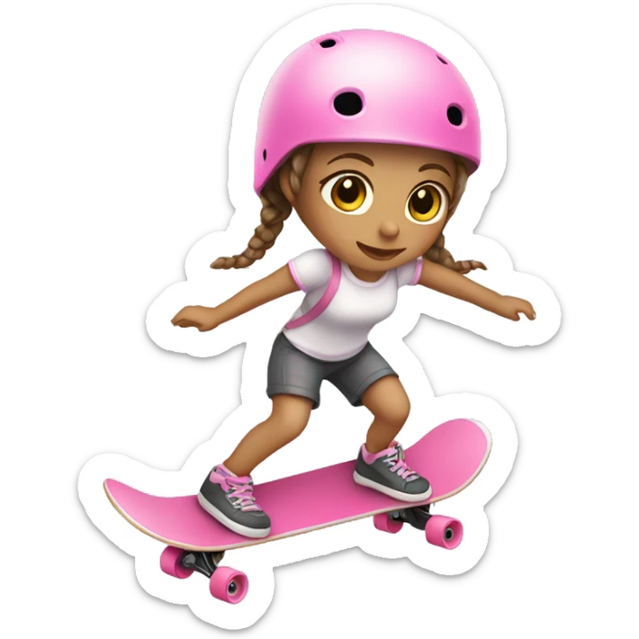 little girl white, brown hair with braids, with pink helmet skateboarding sticker