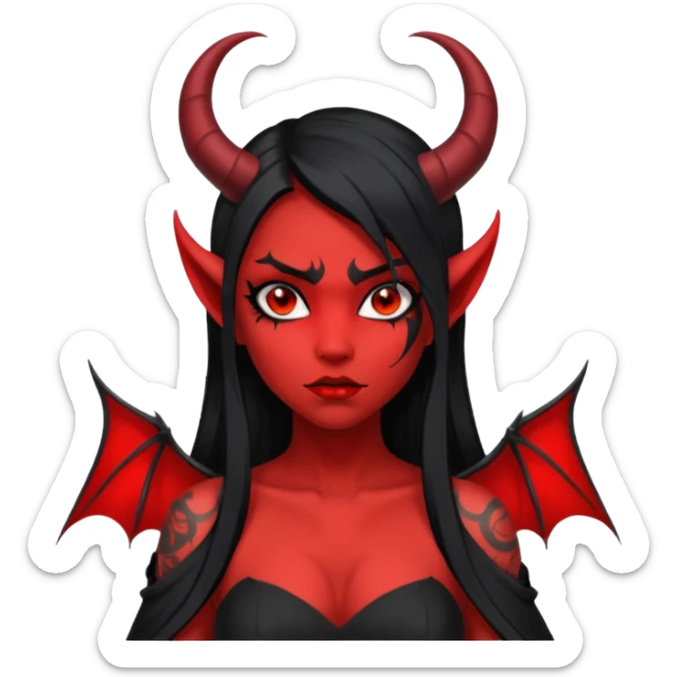 Full red-skin demon girl (entire body red), long black hair, small red horns, pointed ears, single bat wing, black open-back dress, bold tattoo-flash comic linework, red/black/gray, dark background, no text. sticker