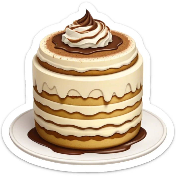 Tiramisu Cinematic Realistic Tiramisu Dessert Emoji, depicted as a delightfully messy, layered tiramisu with coffee-soaked sponge and mascarpone cream, rendered with rich textures and warm, indulgent lighting. sticker