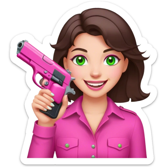 laughing brunette girl with green eyes holding pink pistol sticker