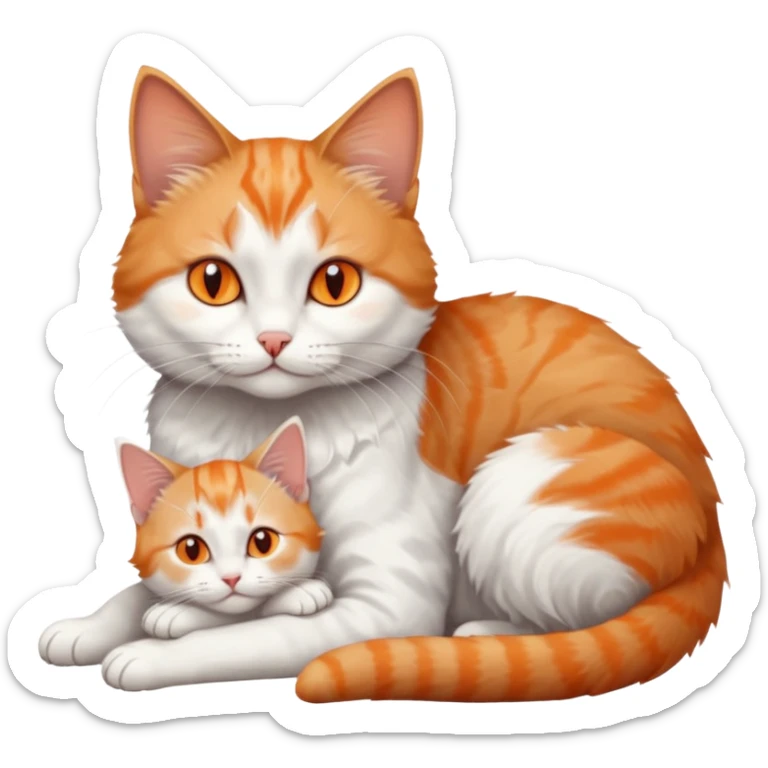 full body of a grey and white cat cuddling a very small + skinny ginger and white kitten with deep orange eyes and triangular shaped face lying down sticker