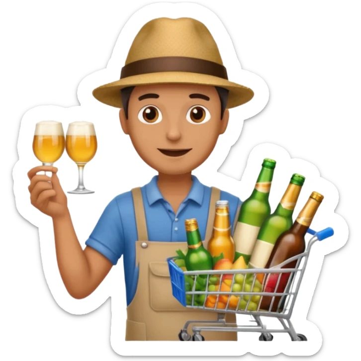 man with a shopping cart full of beers and wines sticker