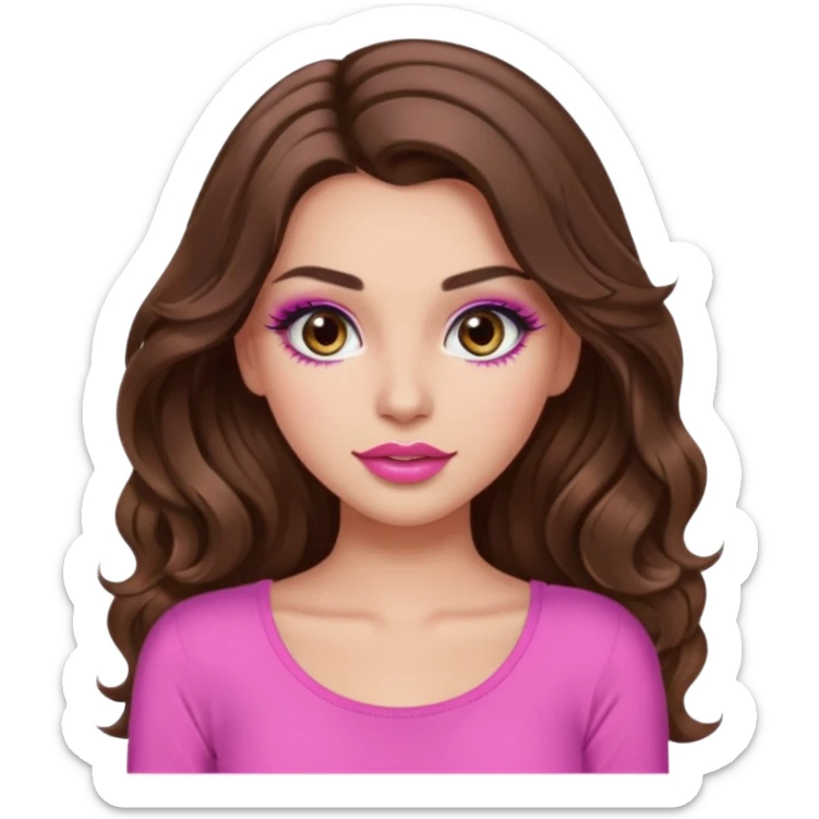 girl with long wavy brown hair, brown eyes, long lashes makeup, sexy pink lips, light to medium complexion, wearing a pink sexy t sticker