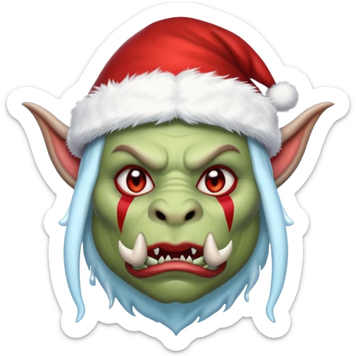 Fantasy orc emoji portrait, Santa Claus hat stretched around tusks, tusks covered with ice and crimson frost cracks, cold predator expression, winter hunt atmosphere, minimal clean emoji design, female variant
 sticker