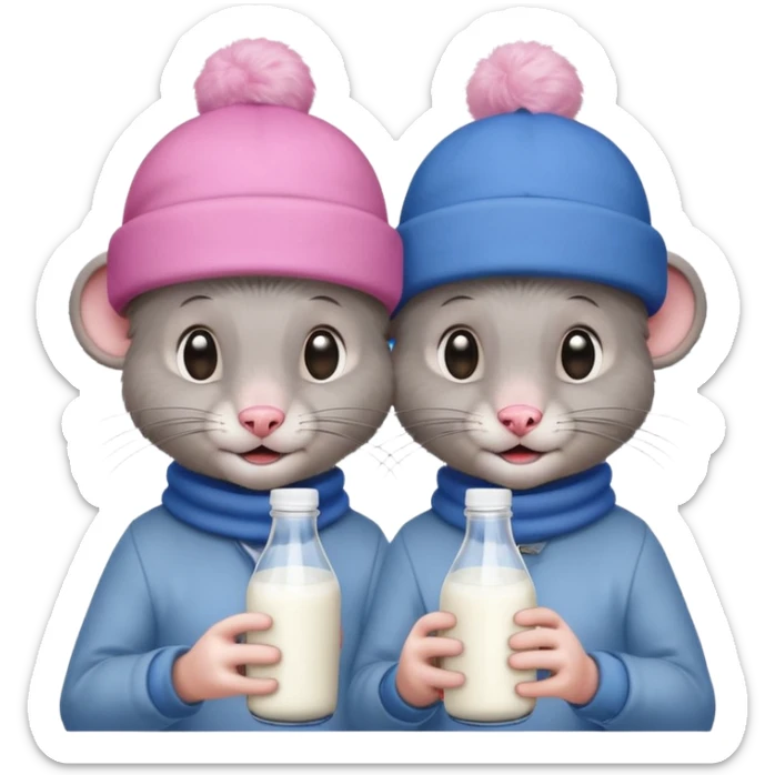 A a male rat wearing blue and a female rat wearing pink Both of them drinking milk from a bottle sticker
