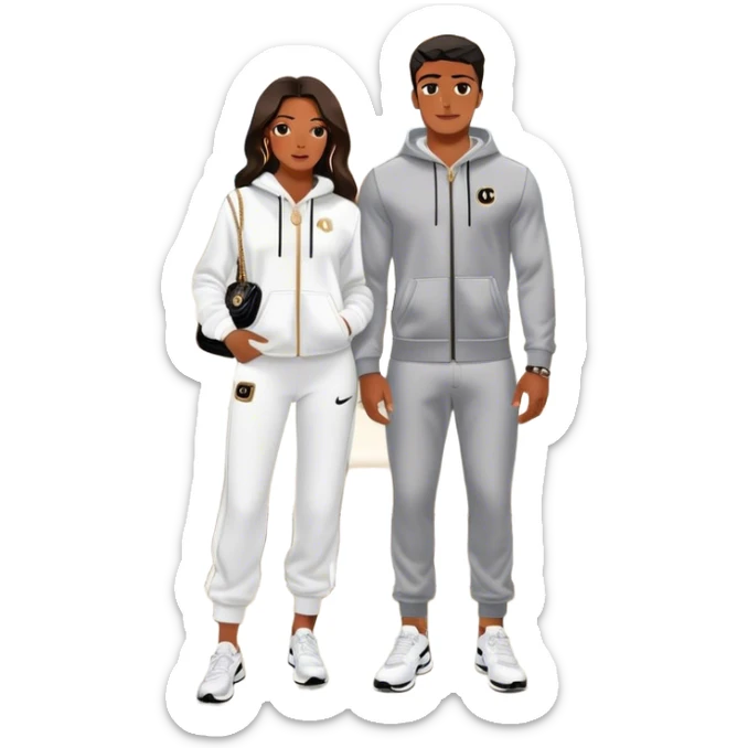 Realistic Man living his dream standing in the master bedroom of a mansion. He’s boo’d up with a pretty Brownskin big booty woman wearing a Chanel outfit and Bvlgari watch with her holding a Chanel bag. The man has on a Nike Tech Fleece sweatsuit. The man isn’t holding a bag sticker