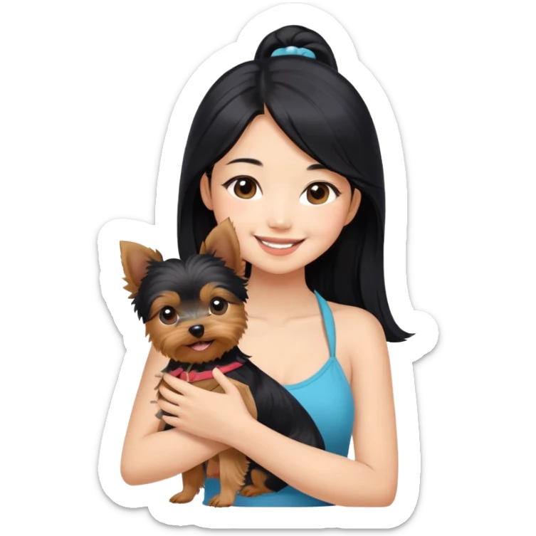 Pretty Asian girl with long, luscious black hair, wearing a cute sleeveless halter top, smiling warmly while carrying an adorable Yorkshire Terrier in her arms sticker
