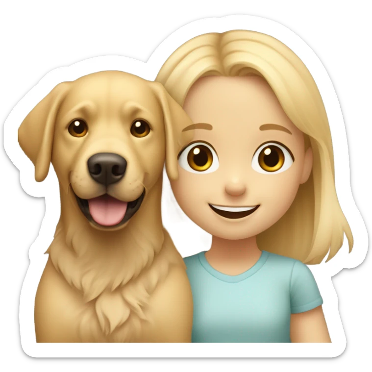 Smiling girl 6 years old with blond hair with a shaggy golden Labrador dog with brown eyes sticker